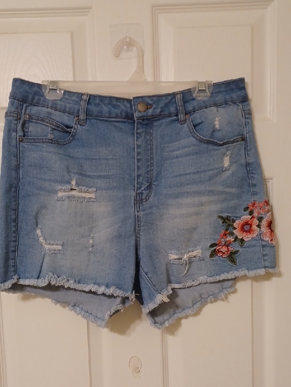 Wax Jean Medium Blue Denim Shorts with Embroidered Floral Accent